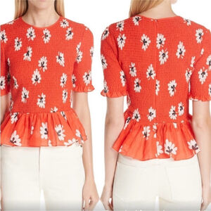 GANNI Linaria Floral Smocked Short Sleeve
Peplum Top Women Big Apple Red 36 US 6